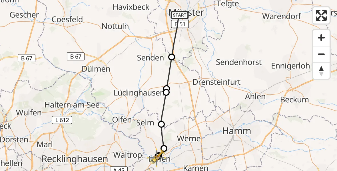 Flugroute Rettungshubschrauber Münster - Sankt Marien Hospital, 01 Mai 2026, 07:29