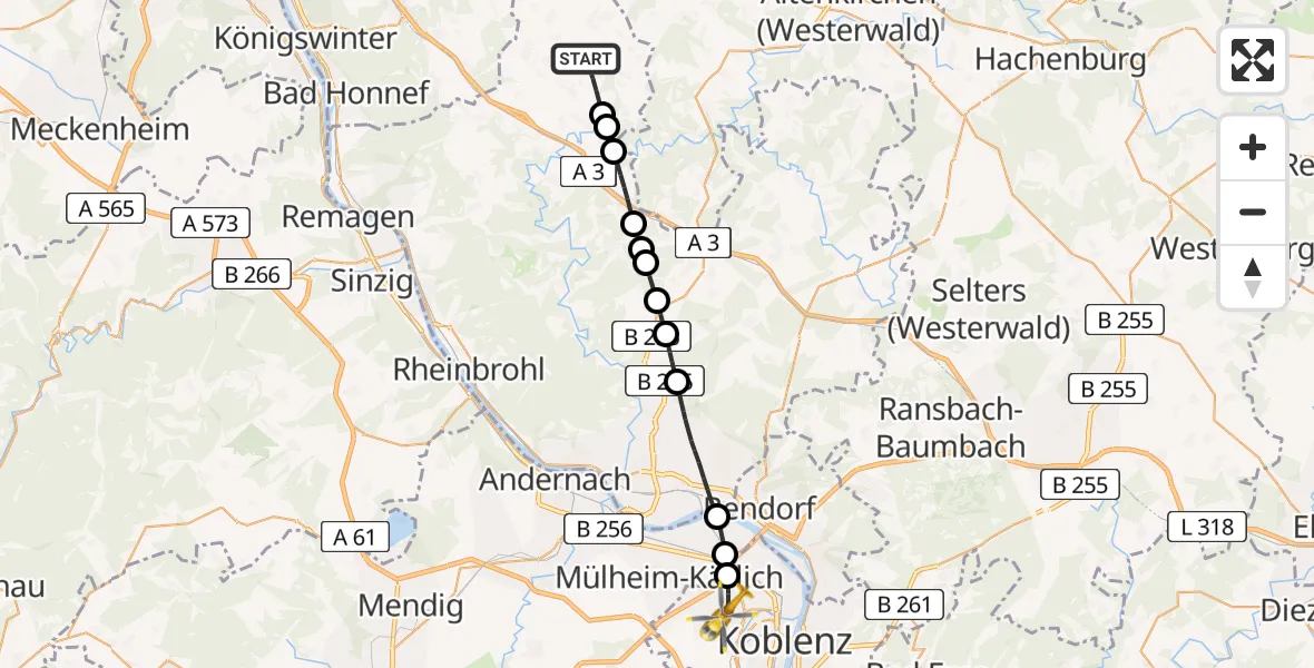 Flugroute Rettungshubschrauber Asbach - Koblenz, 01 Mai 2026, 07:30