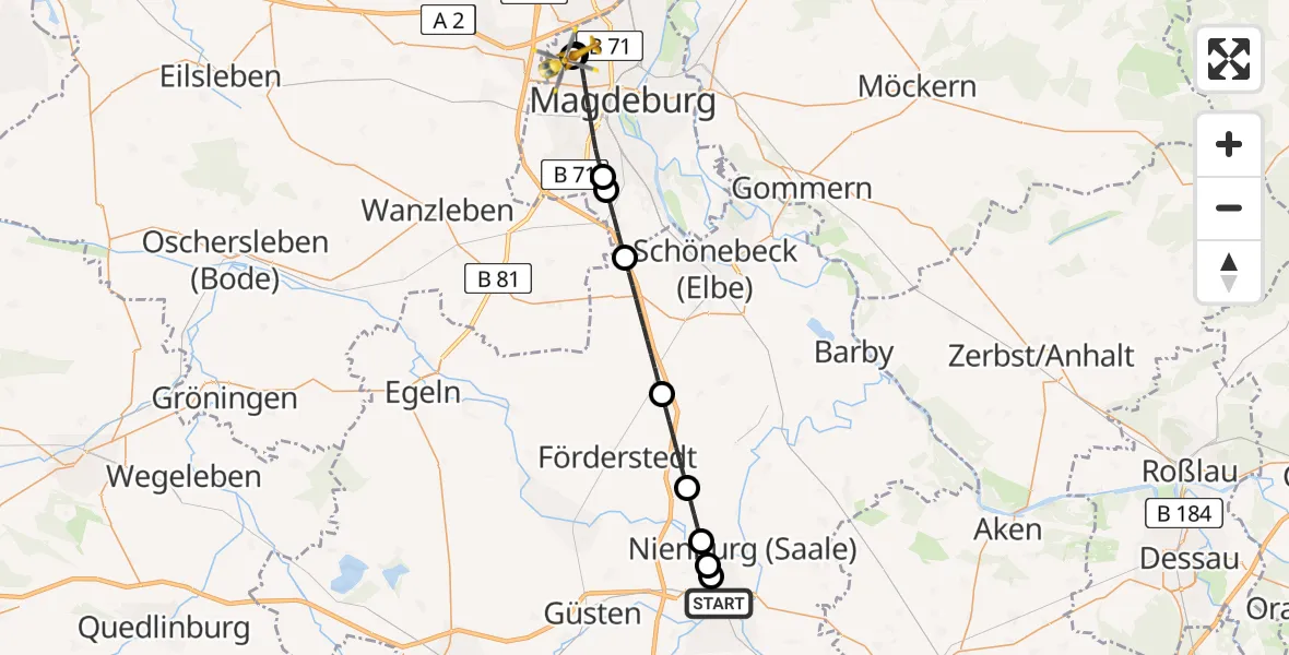 Flugroute Rettungshubschrauber Bernburg (Saale) - Magdeburg Hospital, 01 Mai 2026, 07:37