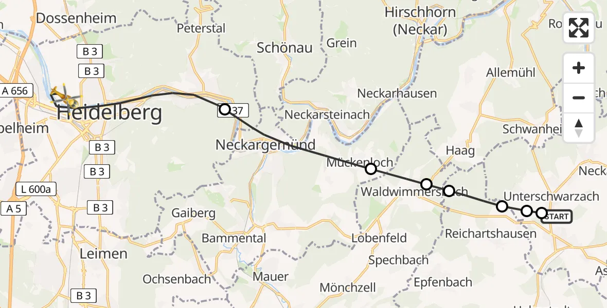 Flugroute Rettungshubschrauber Aglasterhausen - Heidelberg, 01 Mai 2026, 07:59