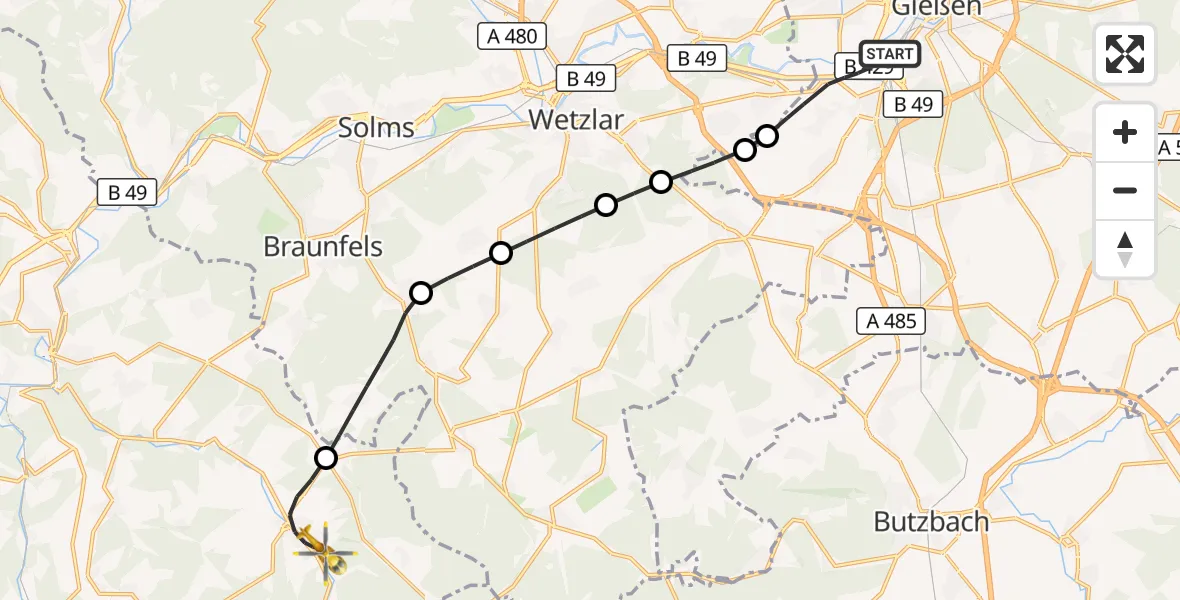 Flugroute Rettungshubschrauber Gießen - Weilmünster, 01 Mai 2026, 08:01