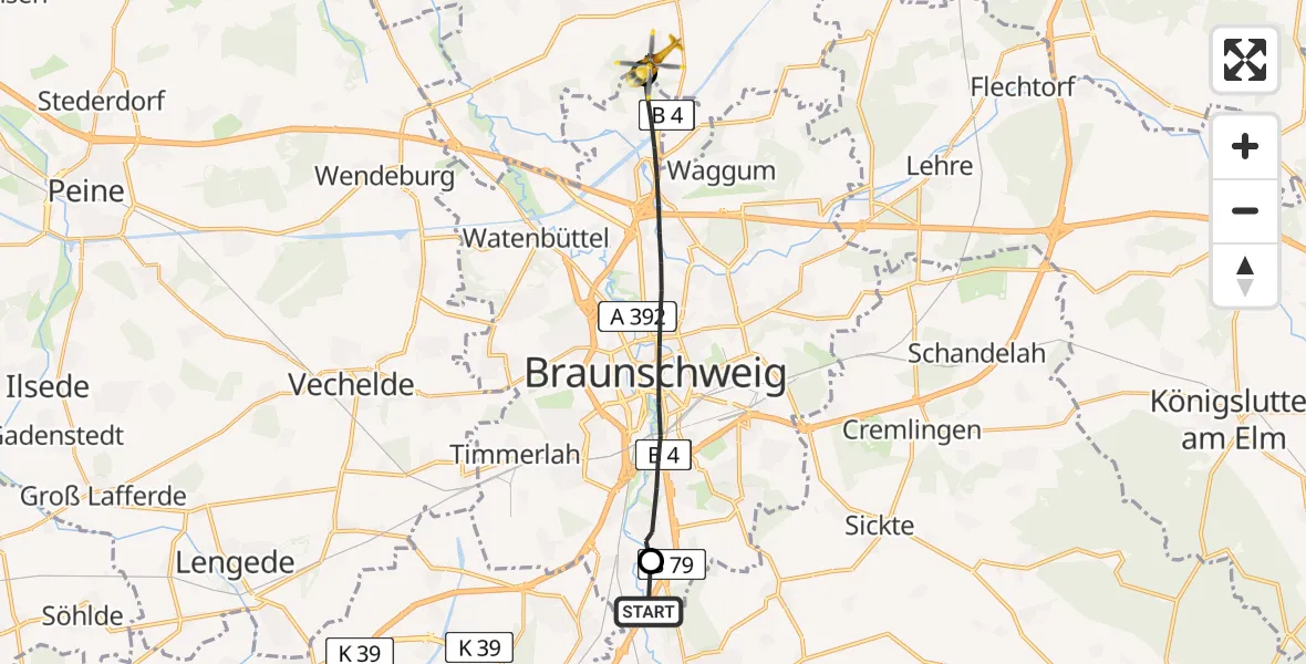 Flugroute Rettungshubschrauber Wolfenbüttel - Vordorf, 01 Mai 2026, 08:20