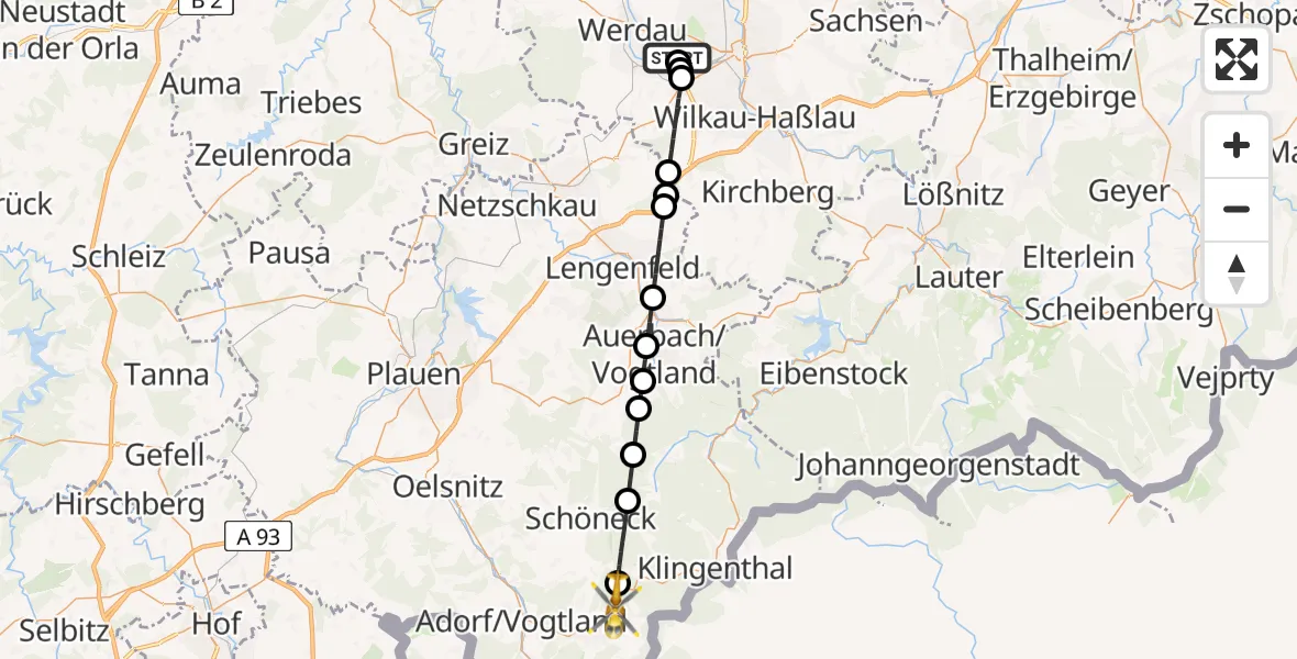 Flugroute Rettungshubschrauber ADAC Air Rescue Station Zwickau Hubschrauberlandeplatz - Markneukirchen, 01 Mai 2026, 08:23