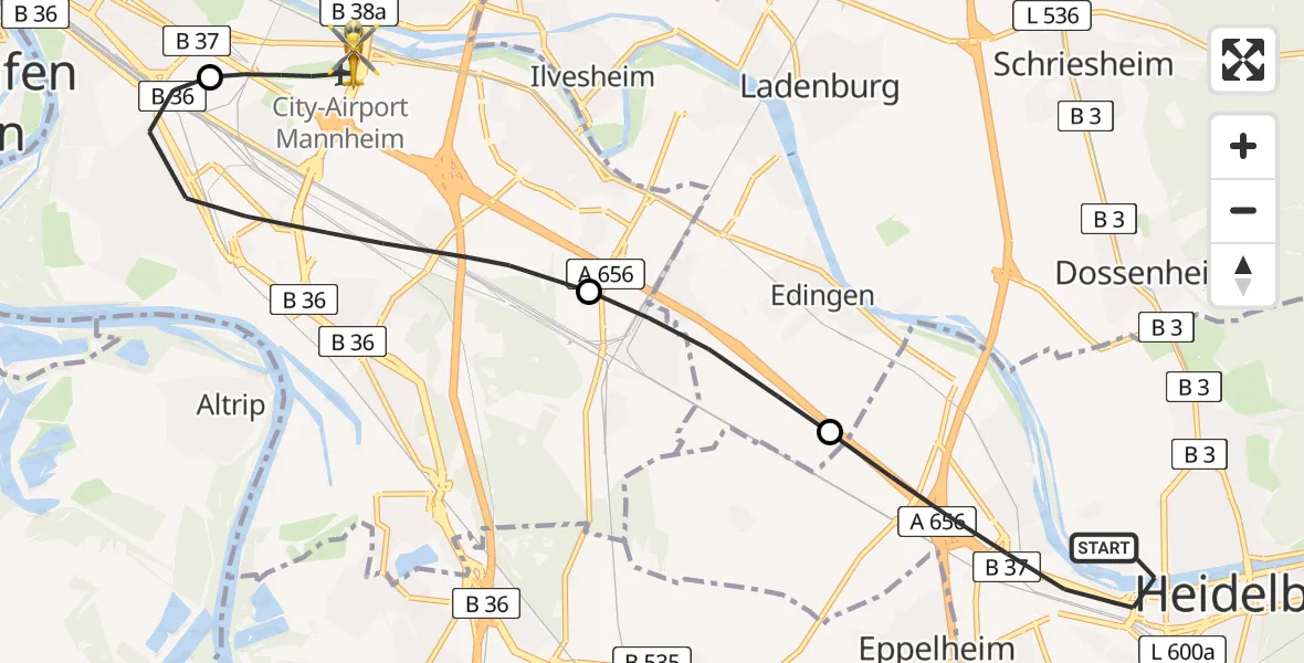 Flugroute Rettungshubschrauber Heidelberg - Mannheim-City Flughafen, 01 Mai 2026, 08:32