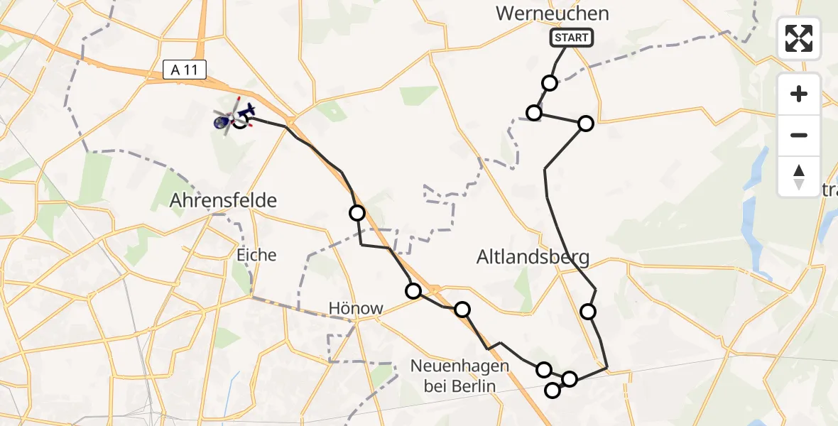 Flugroute Polizeihubschrauber Werneuchen - Ahrensfelde Hubschrauberlandeplatz, 01 Mai 2026, 08:57