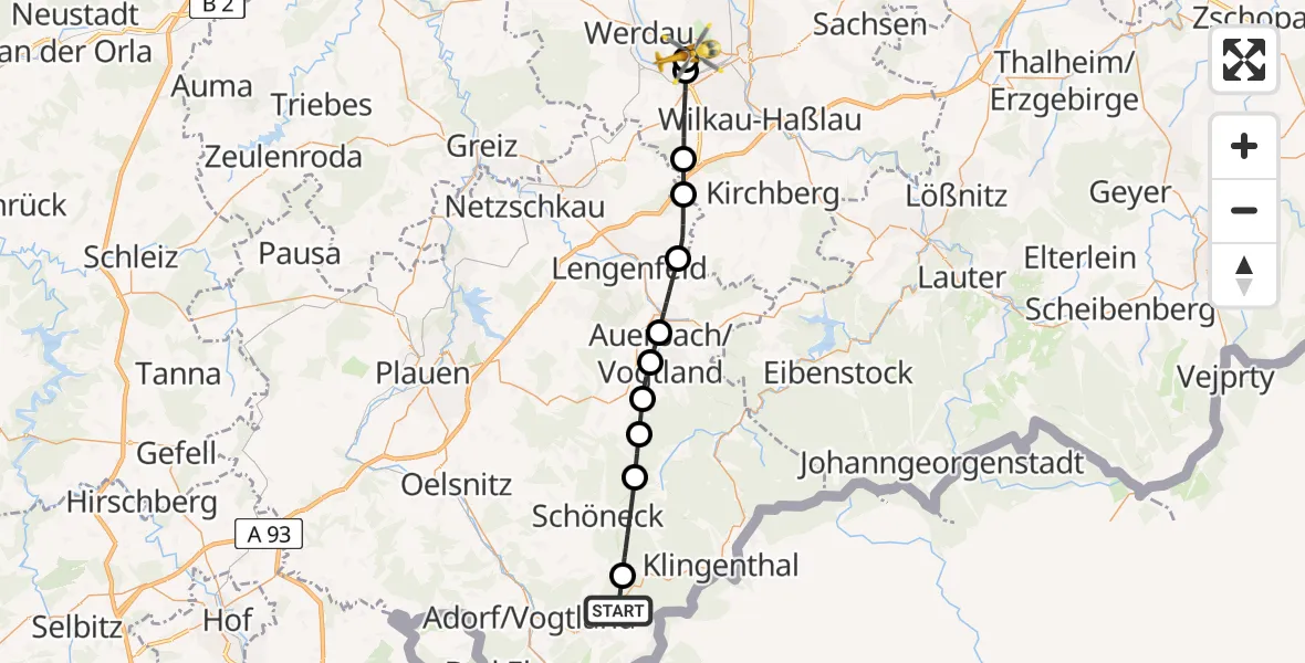 Flugroute Rettungshubschrauber Markneukirchen - ADAC Air Rescue Station Zwickau Hubschrauberlandeplatz, 01 Mai 2026, 08:58