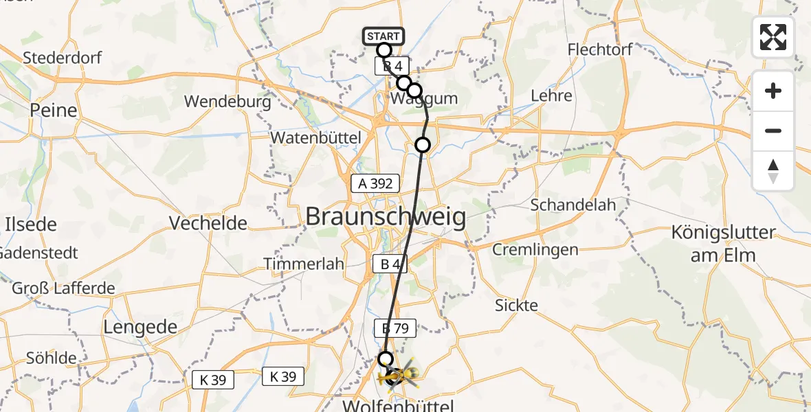 Flugroute Rettungshubschrauber Vordorf - Wolfenbüttel Municipal Hospital Heliport (Christoph 30), 01 Mai 2026, 09:01