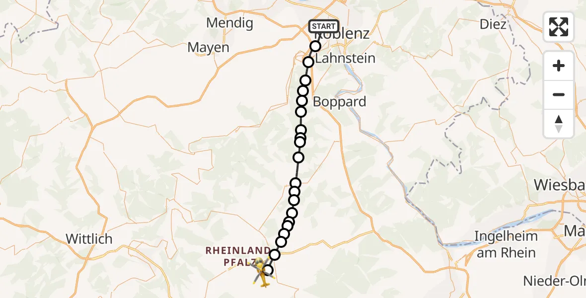 Flugroute Rettungshubschrauber Koblenz - Dillendorf, 01 Mai 2026, 09:04