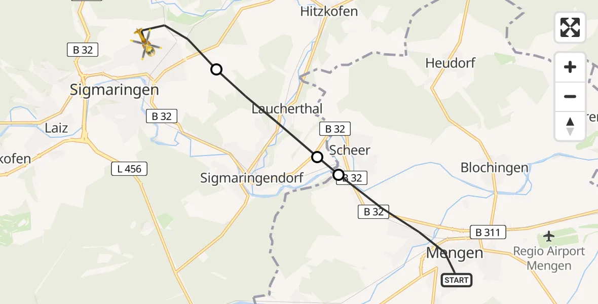 Flugroute Rettungshubschrauber Mengen - Sigmaringen, 01 Mai 2026, 09:08
