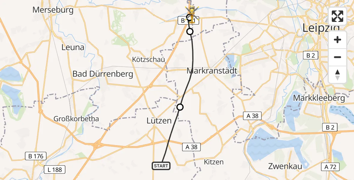 Flugroute Rettungshubschrauber Lützen - ADAC Air Rescue Station Leipzig/Schkeuditz-Dölzig Hubschrauberlandeplatz (Christoph 61), 01 Mai 2026, 09:13