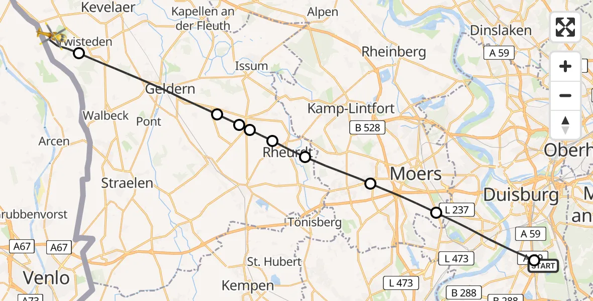 Flugroute Rettungshubschrauber Duisburg Air Rescue Hubschrauberlandeplatz (Christoph 9) - Kevelaer, 01 Mai 2026, 09:15