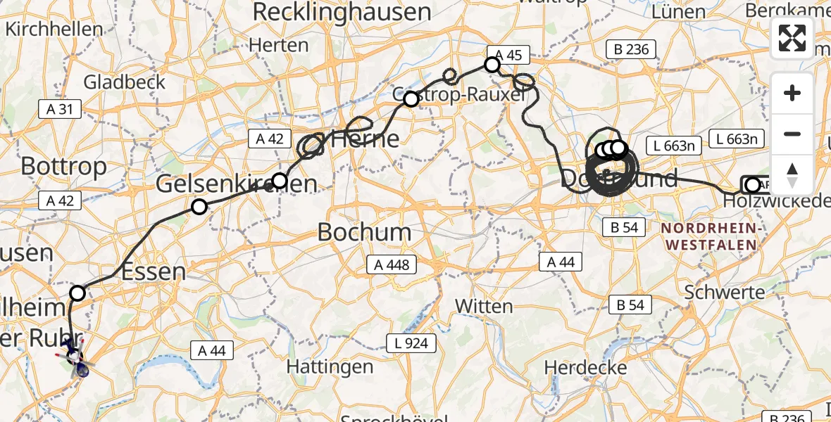 Flugroute Polizeihubschrauber Dortmund Flughafen - Essen-Mülheim Flughafen, 01 Mai 2026, 09:33
