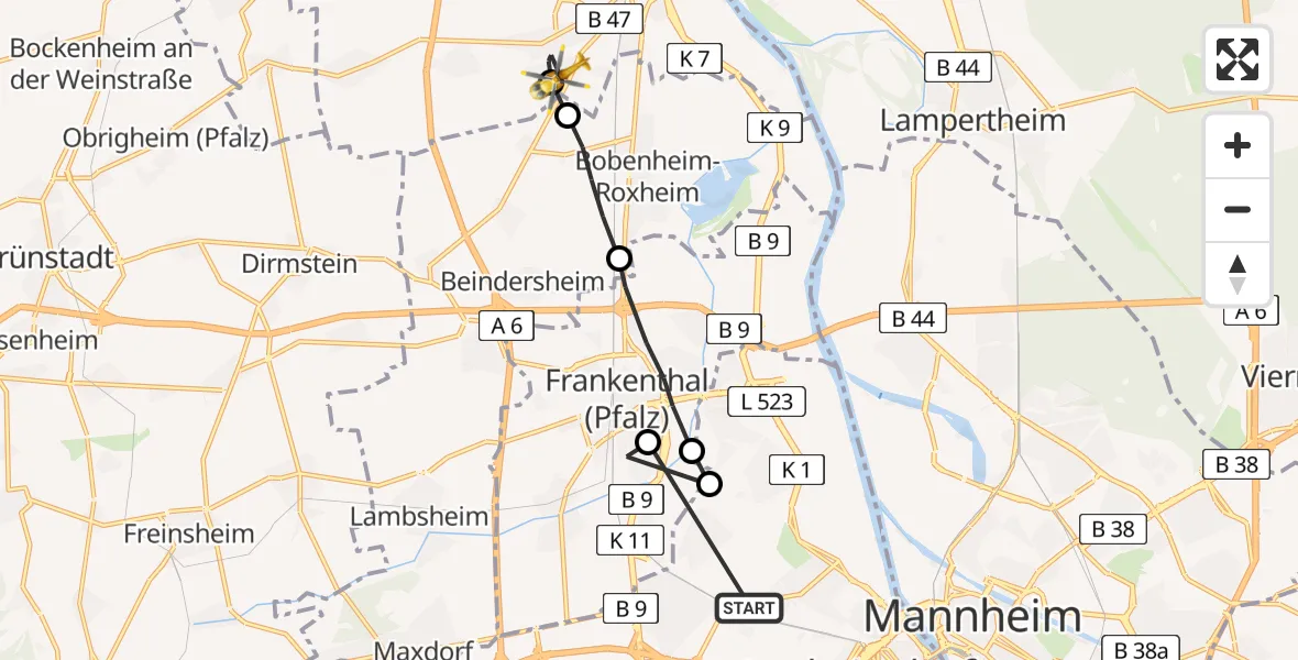 Flugroute Rettungshubschrauber Ludwigshafen am Rhein - Worms, 01 Mai 2026, 09:36