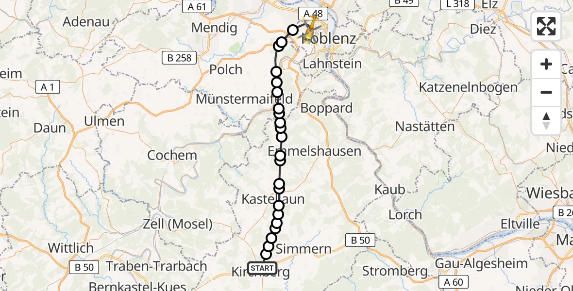 Flugroute Rettungshubschrauber Kirchberg (Hunsrück) - Koblenz, 01 Mai 2026, 09:44