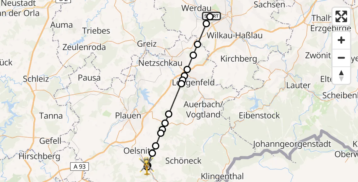 Flugroute Rettungshubschrauber ADAC Air Rescue Station Zwickau Hubschrauberlandeplatz - Eichigt, 01 Mai 2026, 09:45