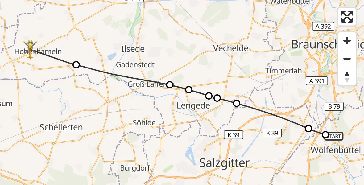 Flugroute Rettungshubschrauber Wolfenbüttel Municipal Hospital Heliport (Christoph 30) - Hohenhameln, 01 Mai 2026, 09:59