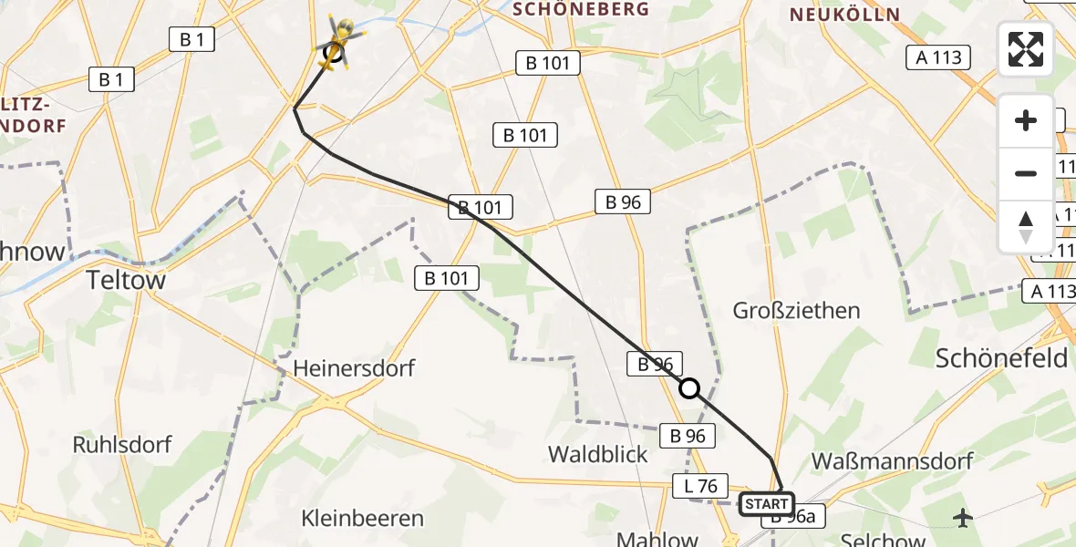Flugroute Rettungshubschrauber Schönefeld - Charité Clinic Benjamin Franklin Campus, 01 Mai 2026, 10:01