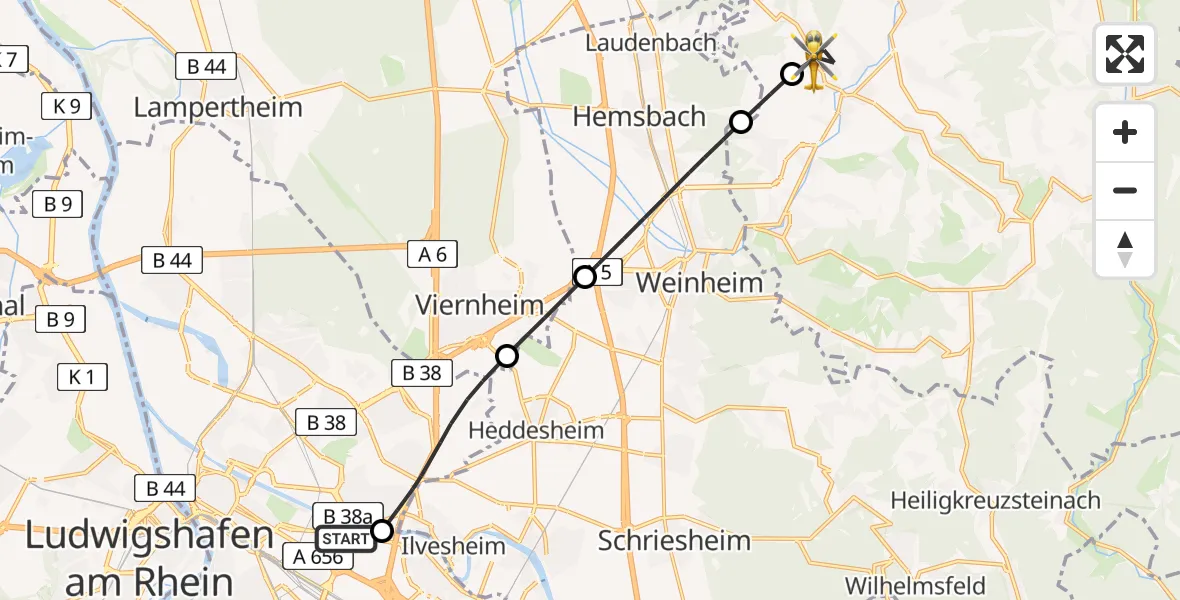 Flugroute Rettungshubschrauber Mannheim-City Flughafen - Mörlenbach, 01 Mai 2026, 10:10