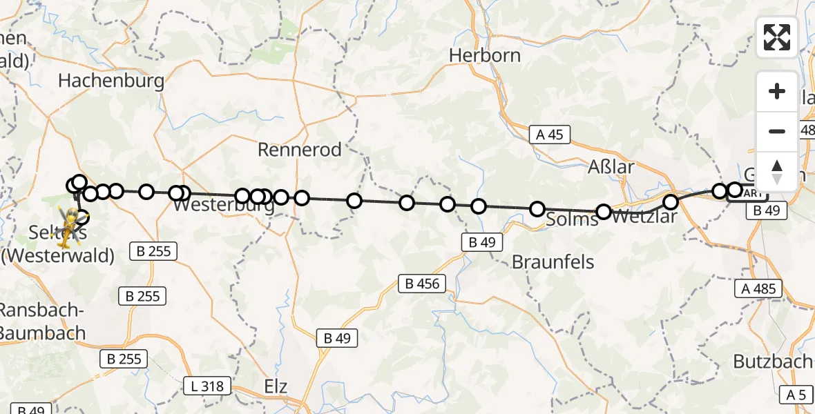 Flugroute Rettungshubschrauber Gießen - Maxsain, 01 Mai 2026, 10:10