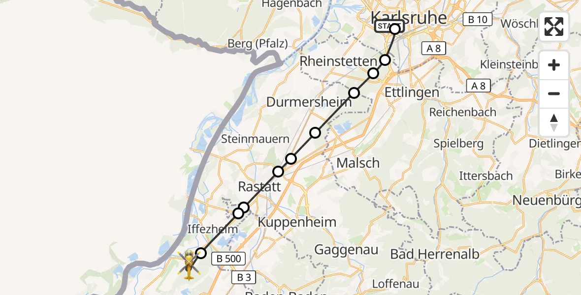Flugroute Rettungshubschrauber Sankt Vincentius Hospital - Hügelsheim, 01 Mai 2026, 10:14