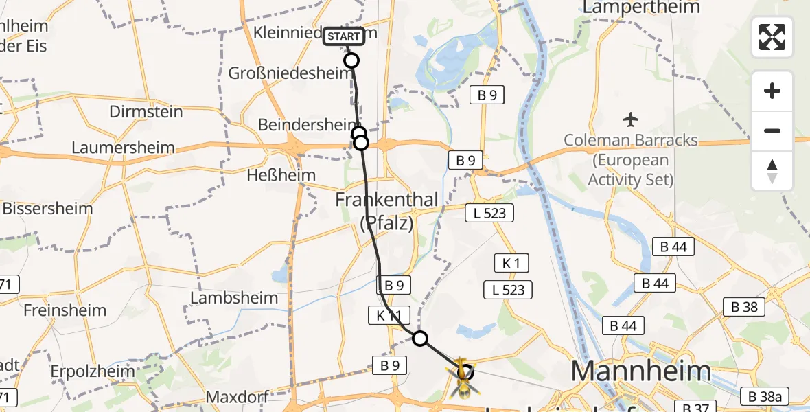 Flugroute Rettungshubschrauber Kleinniedesheim - Ludwigshafen Accident Hospital, 01 Mai 2026, 10:23