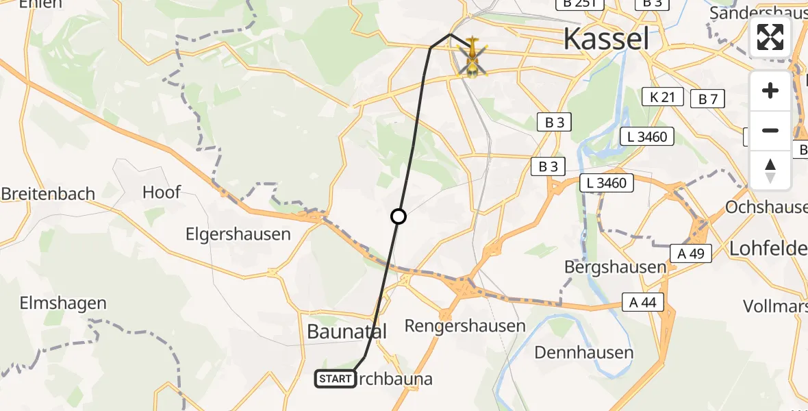 Flugroute Rettungshubschrauber Baunatal - Kassel, 01 Mai 2026, 10:25