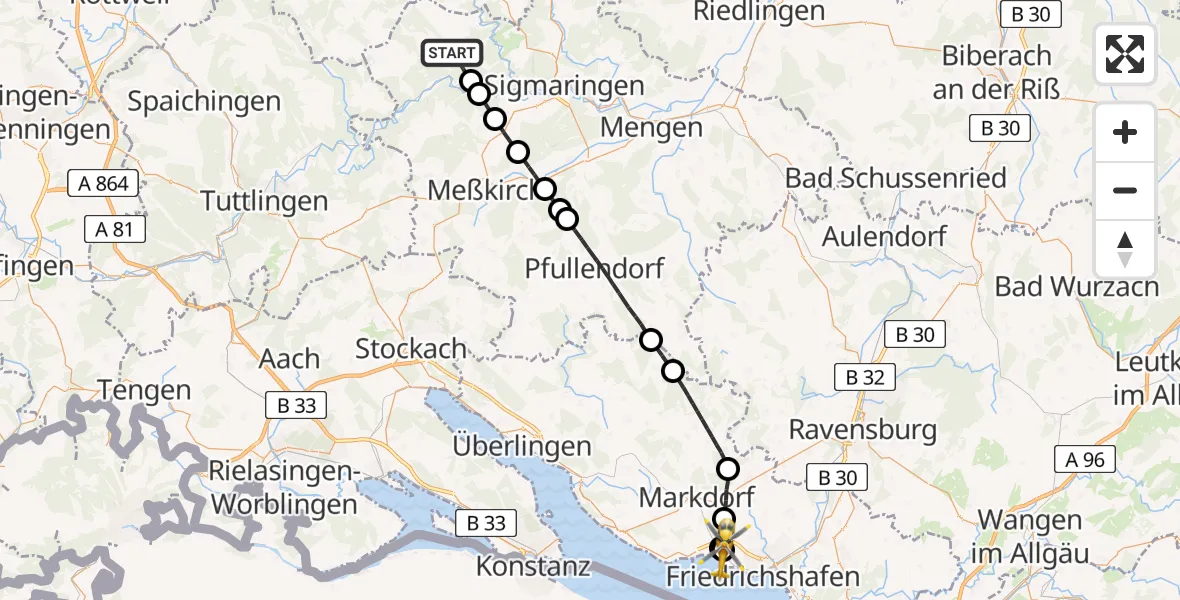 Flugroute Rettungshubschrauber Stetten am kalten Markt - Friedrichshafen Hospital, 01 Mai 2026, 10:27