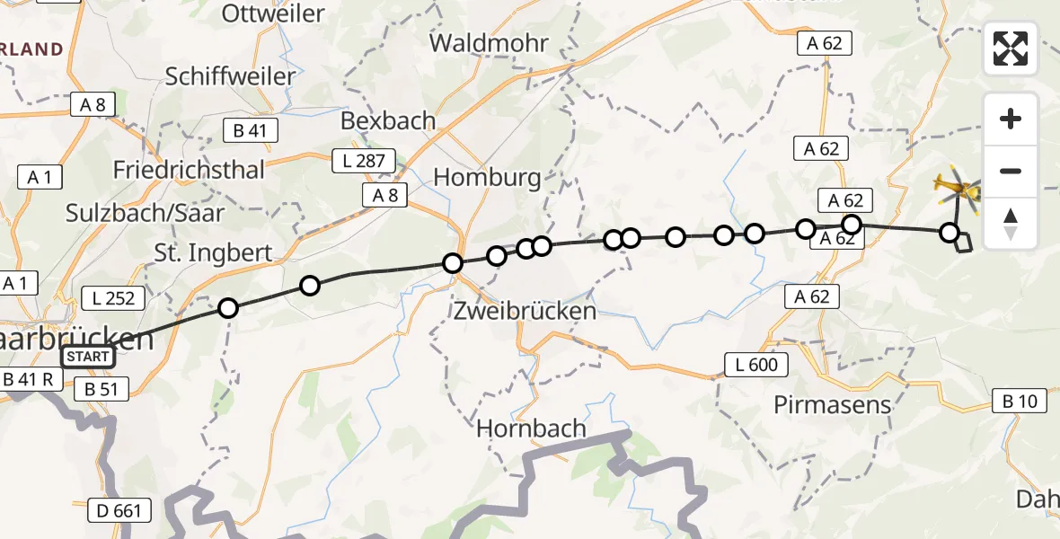 Flugroute Rettungshubschrauber Saarbrücken - Heltersberg, 01 Mai 2026, 10:28
