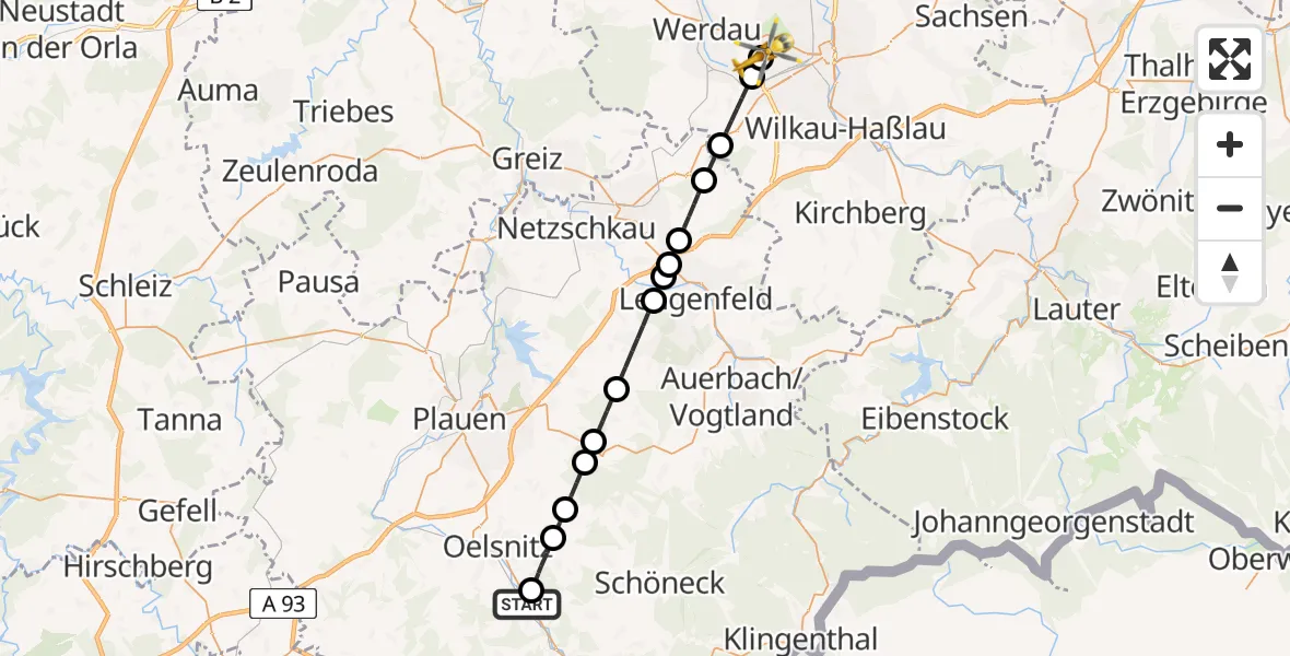 Flugroute Rettungshubschrauber Mühlental - ADAC Air Rescue Station Zwickau Hubschrauberlandeplatz, 01 Mai 2026, 10:33