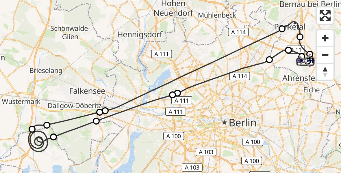 Flugroute Polizeihubschrauber Ahrensfelde Hubschrauberlandeplatz - Ahrensfelde Hubschrauberlandeplatz, 01 Mai 2026, 10:35