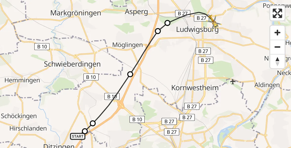 Flugroute Rettungshubschrauber Ditzingen - Ludwigsburg, 01 Mai 2026, 10:42