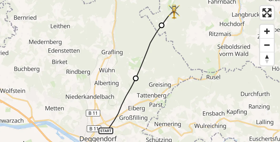 Flugroute Rettungshubschrauber Deggendorf - Bischofsmais, 01 Mai 2026, 10:45