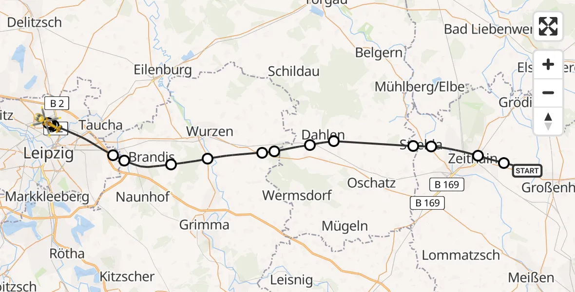Flugroute Rettungshubschrauber Großenhain - Sankt Georg Hospital Leipzig Reserve, 01 Mai 2026, 10:46