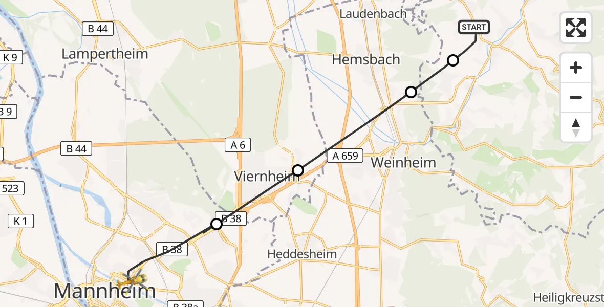 Flugroute Rettungshubschrauber Mörlenbach - Mannheim, 01 Mai 2026, 10:49