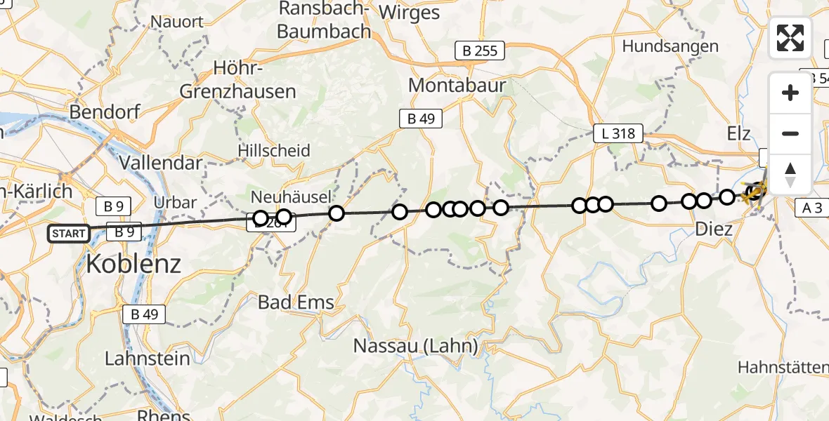 Flugroute Rettungshubschrauber Koblenz - Saint Vincent Hospital Limburg, 01 Mai 2026, 10:53