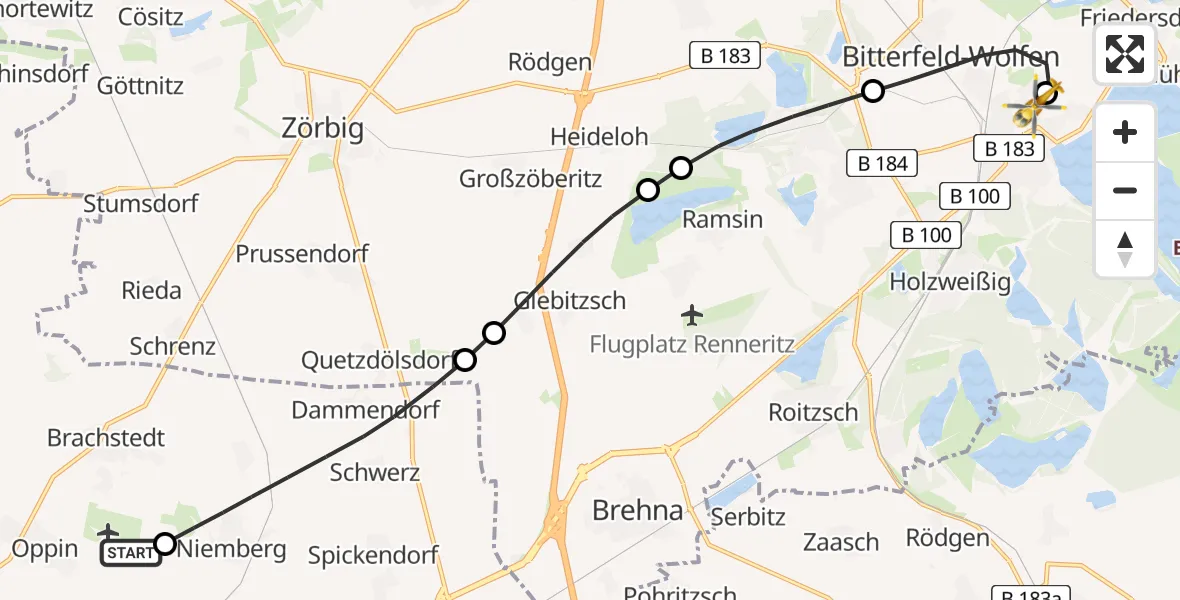 Flugroute Rettungshubschrauber Halle-Oppin Flugplatz - Bitterfield-Wolfen Health Center Hubschrauberlandeplatz, 01 Mai 2026, 10:53