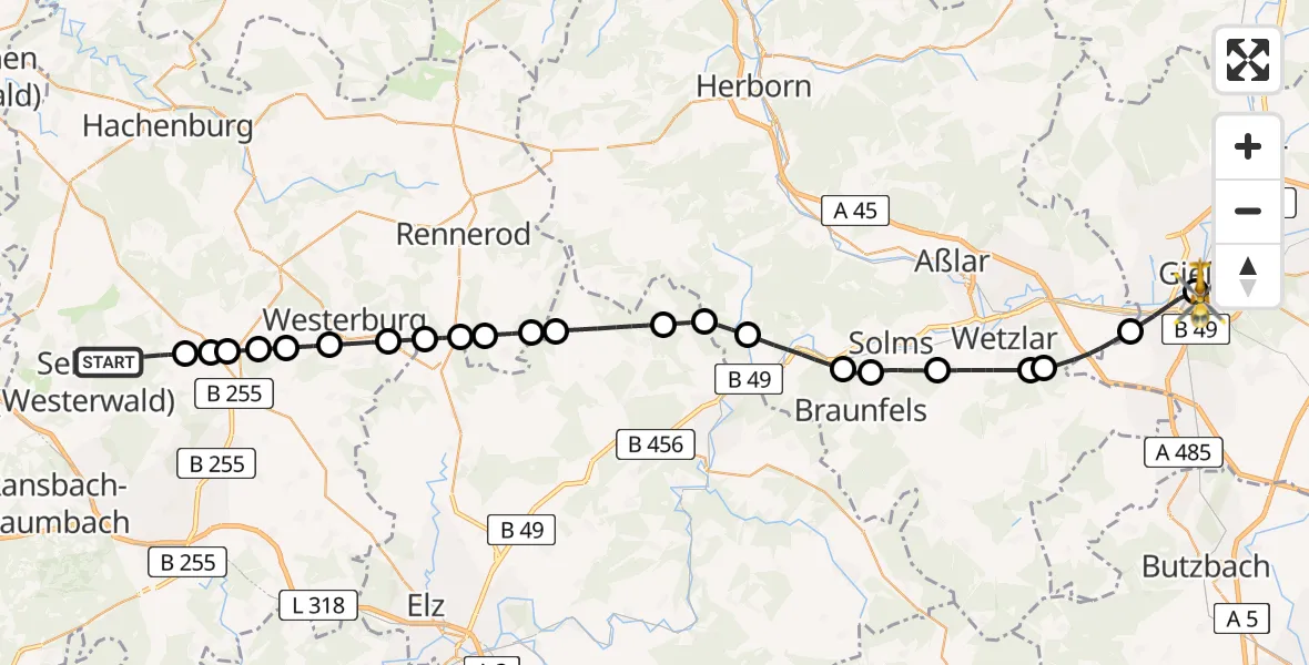 Flugroute Rettungshubschrauber Maxsain - Gießen University Hospital, 01 Mai 2026, 10:55