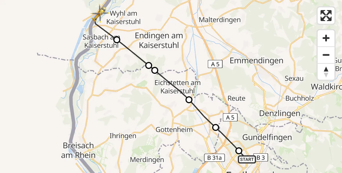 Flugroute Rettungshubschrauber Freiburg im Breisgau Flugplatz - Sasbach am Kaiserstuhl, 01 Mai 2026, 10:57