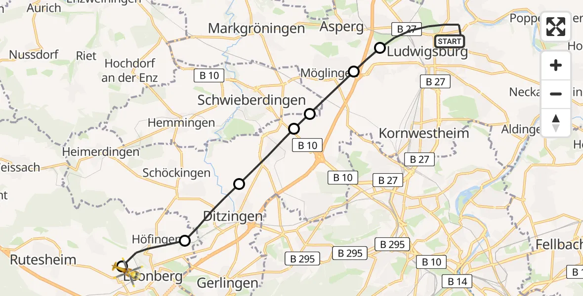 Flugroute Rettungshubschrauber Ludwigsburg - Leonberg Hospital, 01 Mai 2026, 11:06