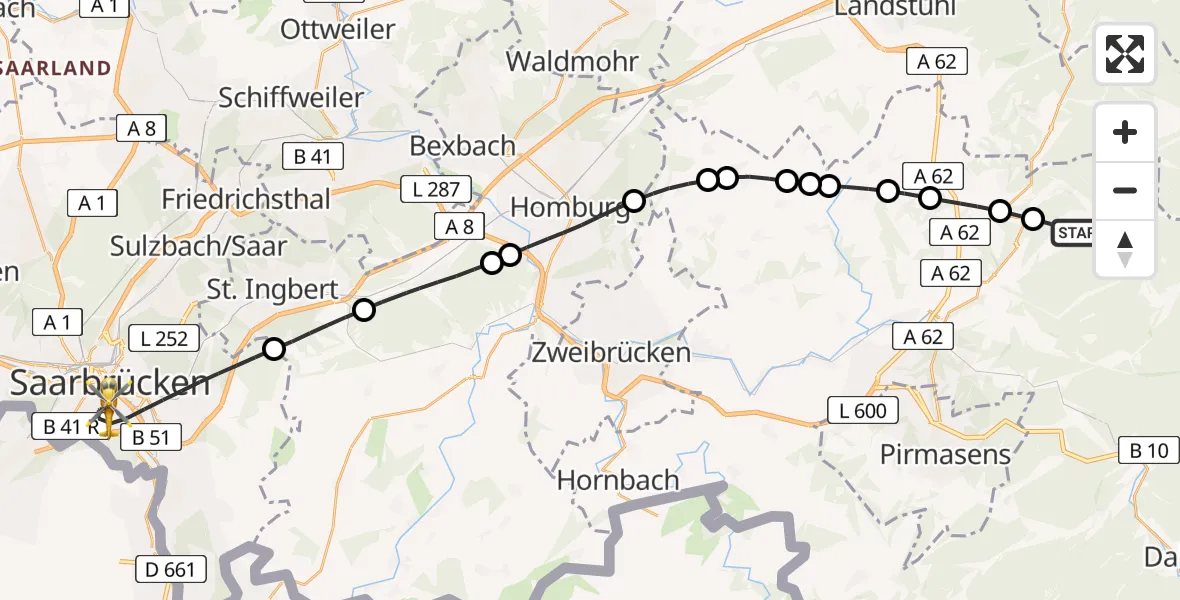 Flugroute Rettungshubschrauber Heltersberg - Saarbrücken, 01 Mai 2026, 11:10