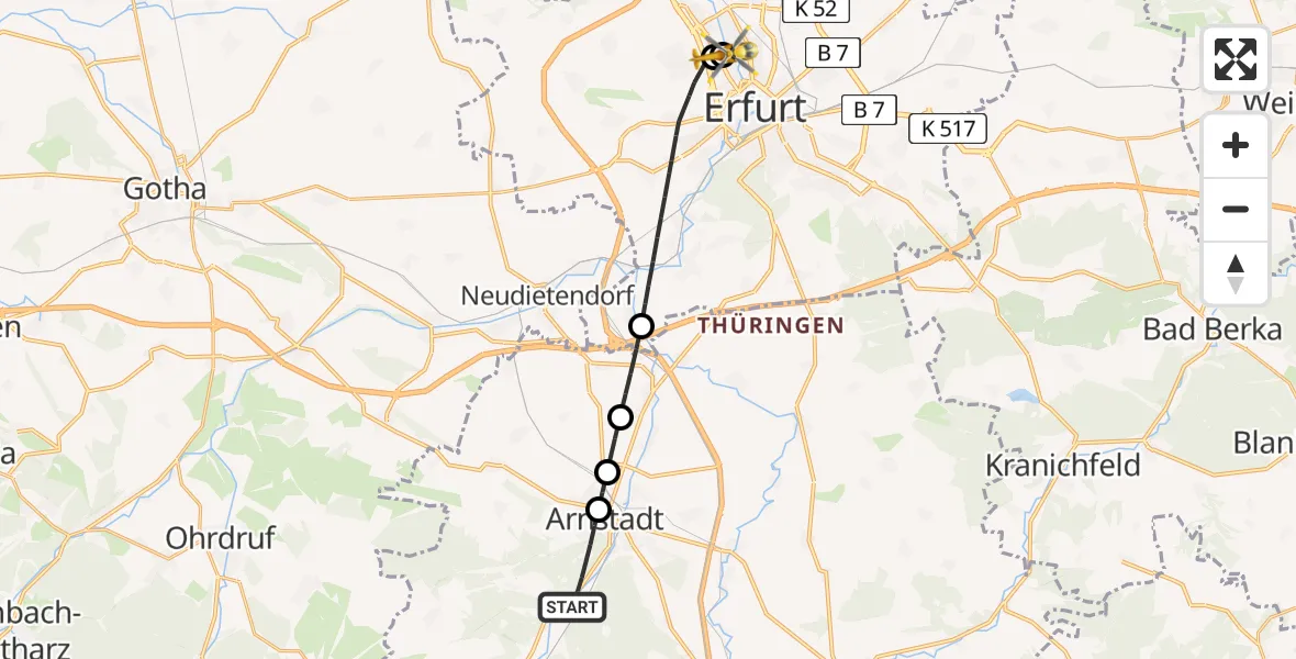 Flugroute Rettungshubschrauber Arnstadt - Helios Clinic Erfurt, 01 Mai 2026, 11:11