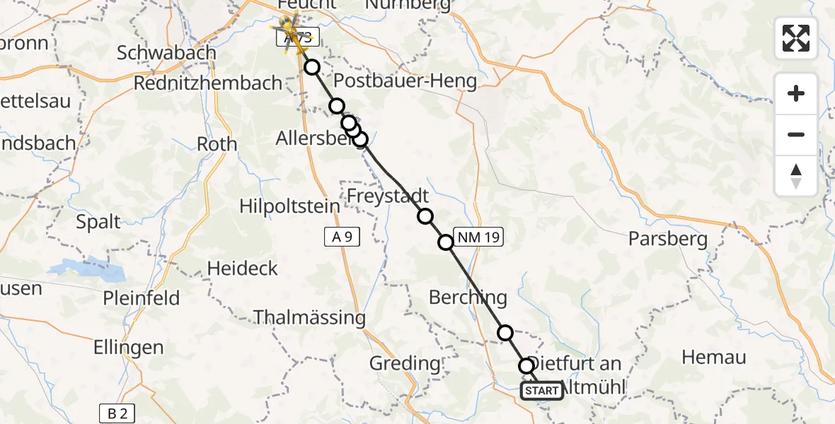 Flugroute Rettungshubschrauber Dietfurt a.d.Altmühl - Wendelstein, 01 Mai 2026, 11:35