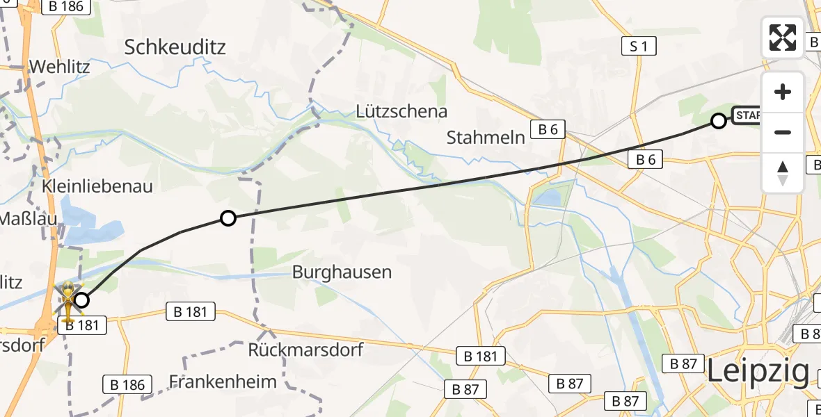 Flugroute Rettungshubschrauber Sankt Georg Hospital Leipzig Reserve - ADAC Air Rescue Station Leipzig/Schkeuditz-Dölzig Hubschrauberlandeplatz (Christoph 61), 01 Mai 2026, 11:35
