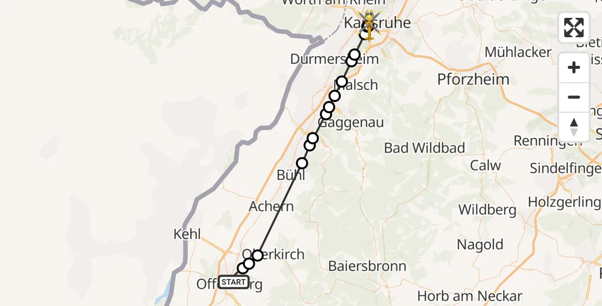 Flugroute Rettungshubschrauber Offenburg - Sankt Vincentius Hospital, 01 Mai 2026, 11:42