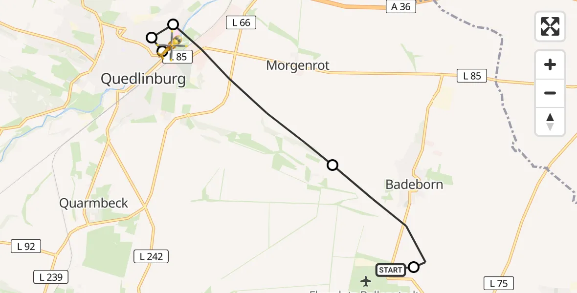 Flugroute Rettungshubschrauber Ballenstedt Flugplatz - Harz Hospital Quedlinburg, 01 Mai 2026, 11:43