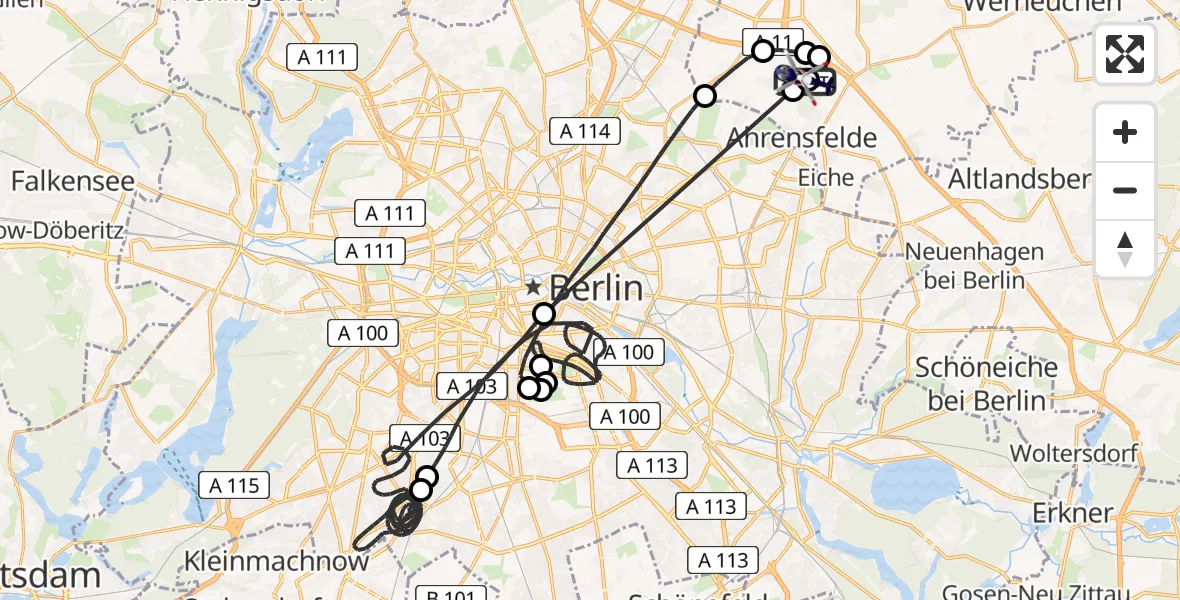 Flugroute Polizeihubschrauber Ahrensfelde Hubschrauberlandeplatz - Ahrensfelde Hubschrauberlandeplatz, 01 Mai 2026, 11:46