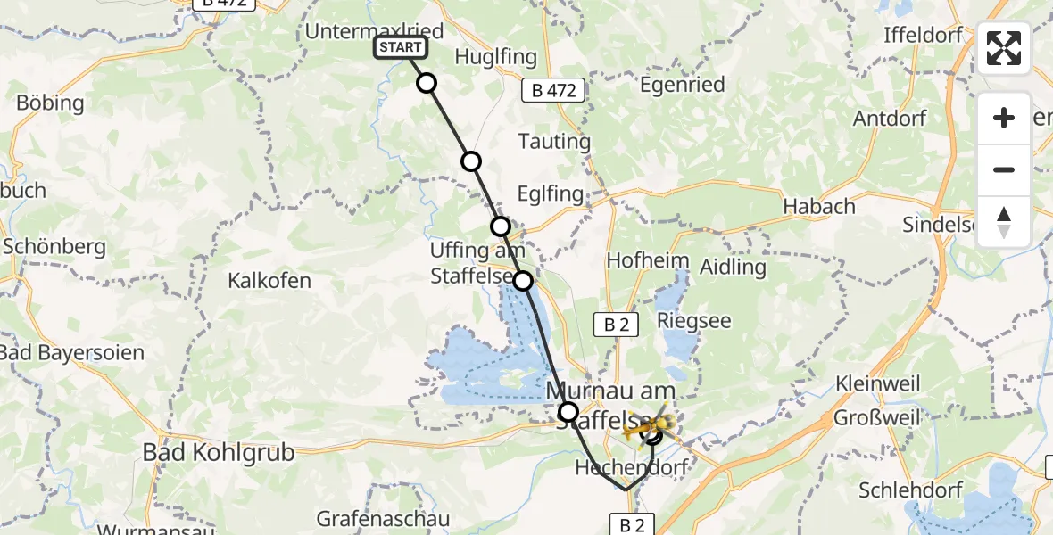 Flugroute Rettungshubschrauber Oberhausen - Murnau Accident Hospital, 01 Mai 2026, 11:53