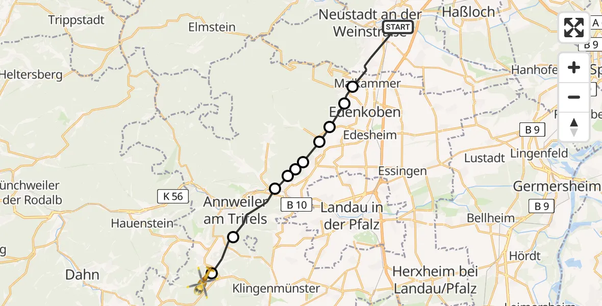 Flugroute Rettungshubschrauber Neustadt an der Weinstraße - Silz, 01 Mai 2026, 11:53