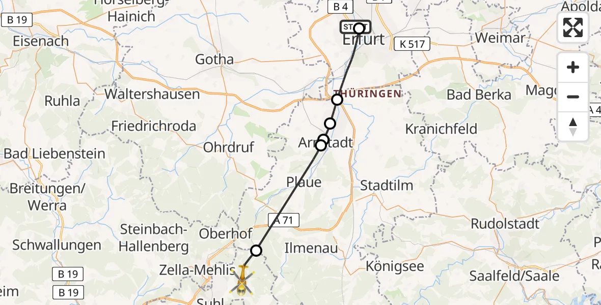 Flugroute Rettungshubschrauber Helios Clinic Erfurt - Suhl, 01 Mai 2026, 11:57