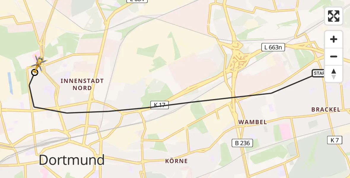 Flugroute Rettungshubschrauber Dortmund - Dortmund Hospital North, 01 Mai 2026, 11:59
